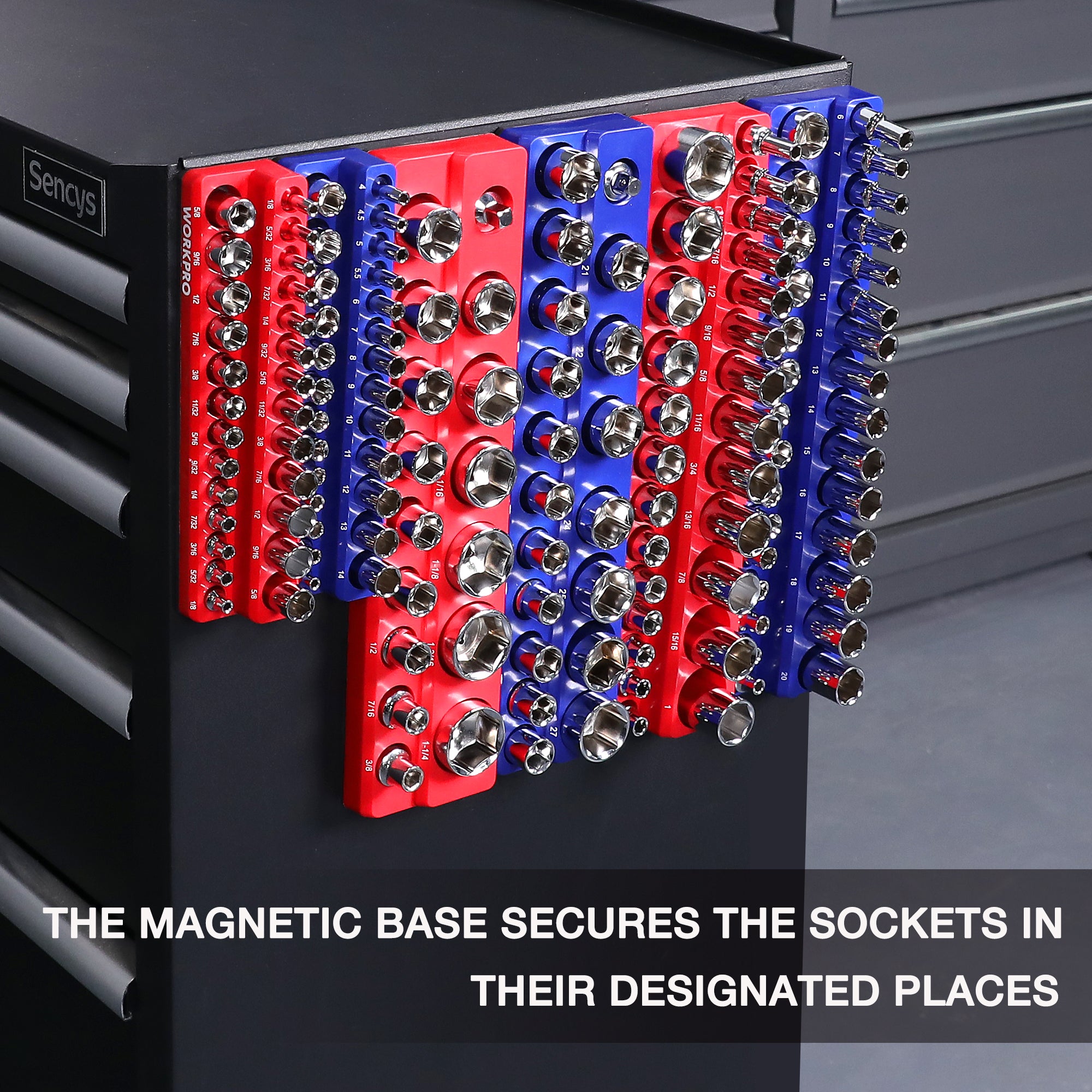 Magnetic socket organizer boards with red and blue trays holding chrome sockets