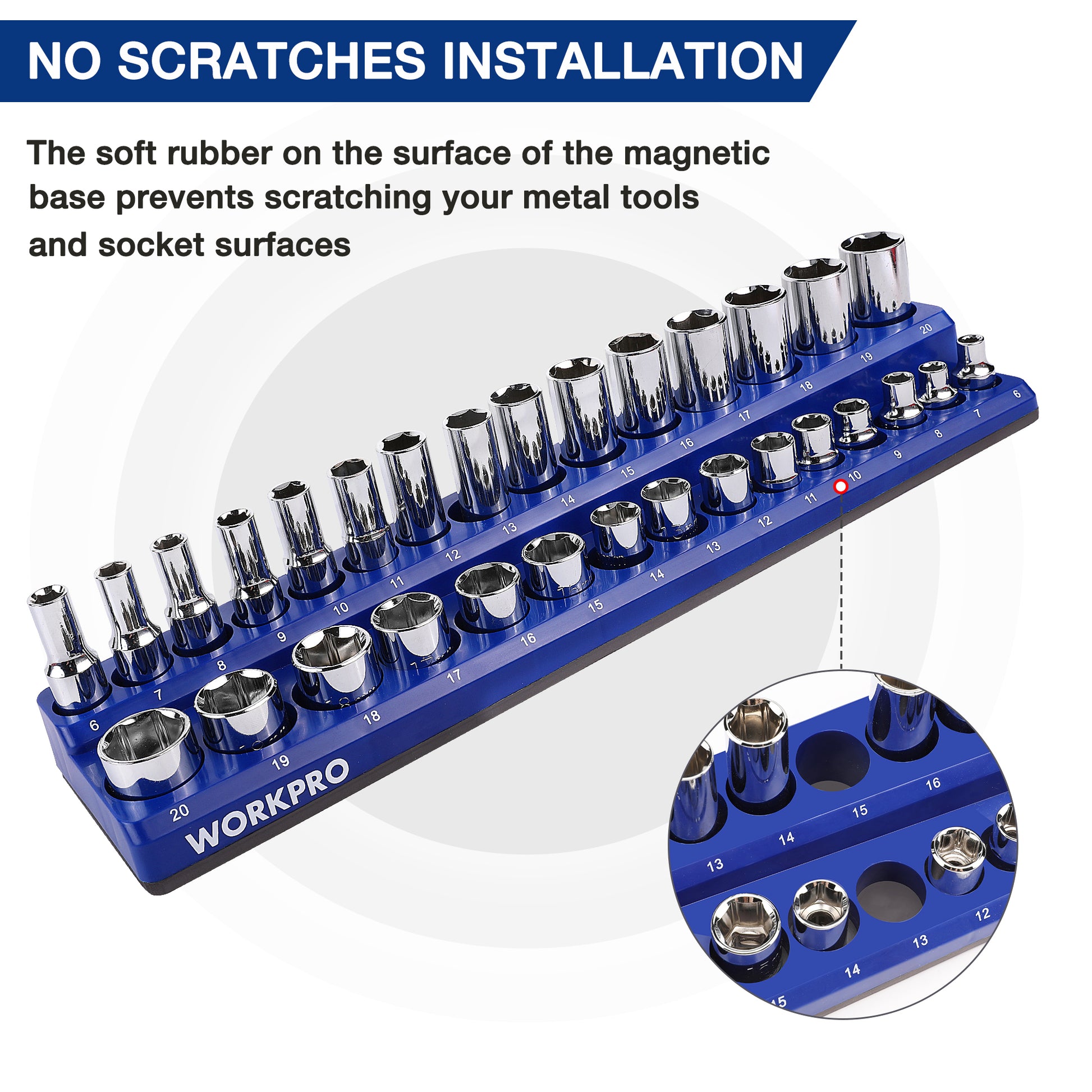 Blue magnetic socket organizer tray with chrome sockets and soft rubber base