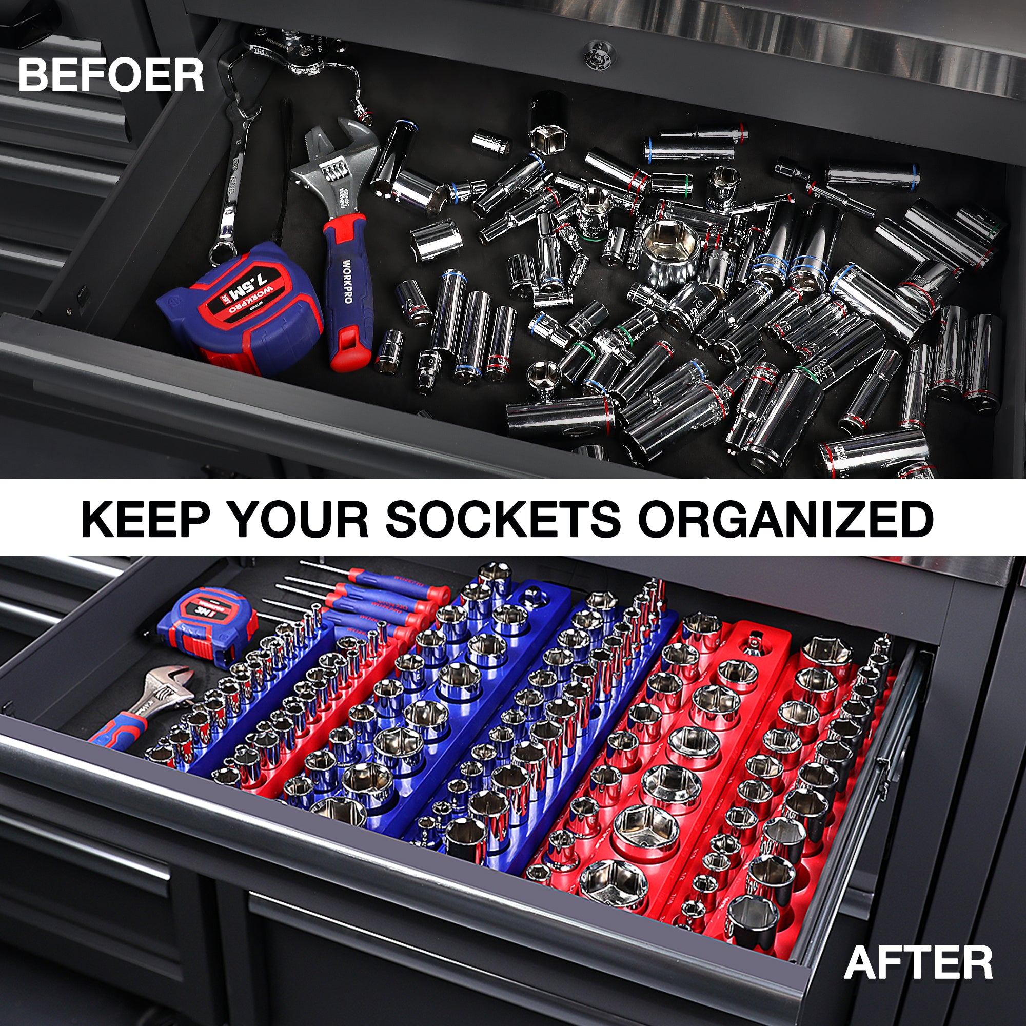 Socket organizer set in a toolbox drawer with red and blue magnetic trays