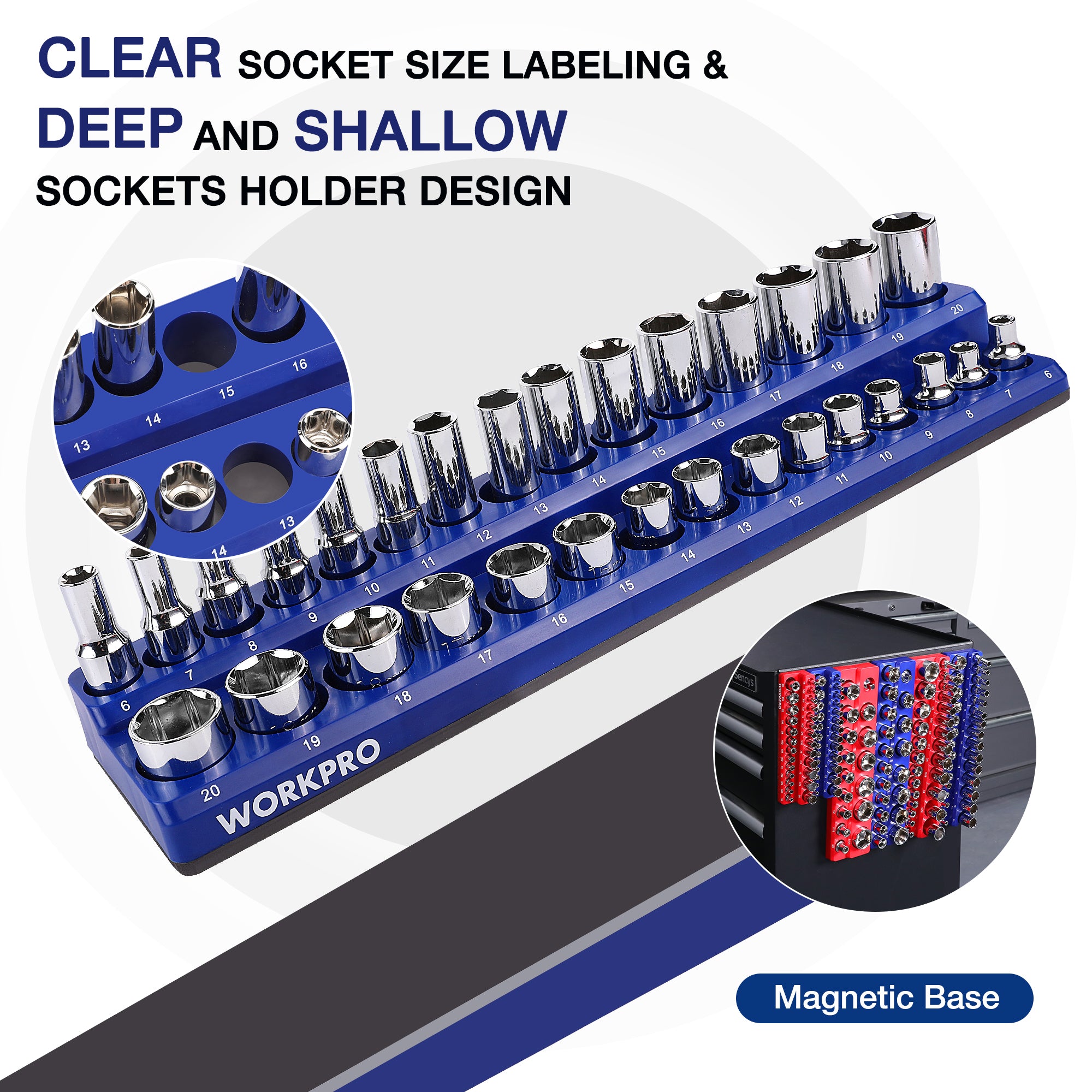 Blue magnetic socket organizer tray with clear socket size labeling and socket holders