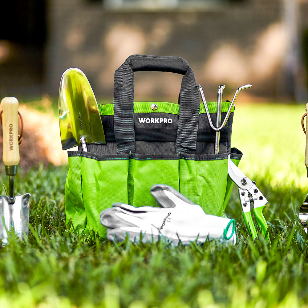 Green garden tool organizer bag with included wooden-handled stainless steel tools