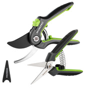 Garden pruning shears set: black and green bypass pruner and straight scissors