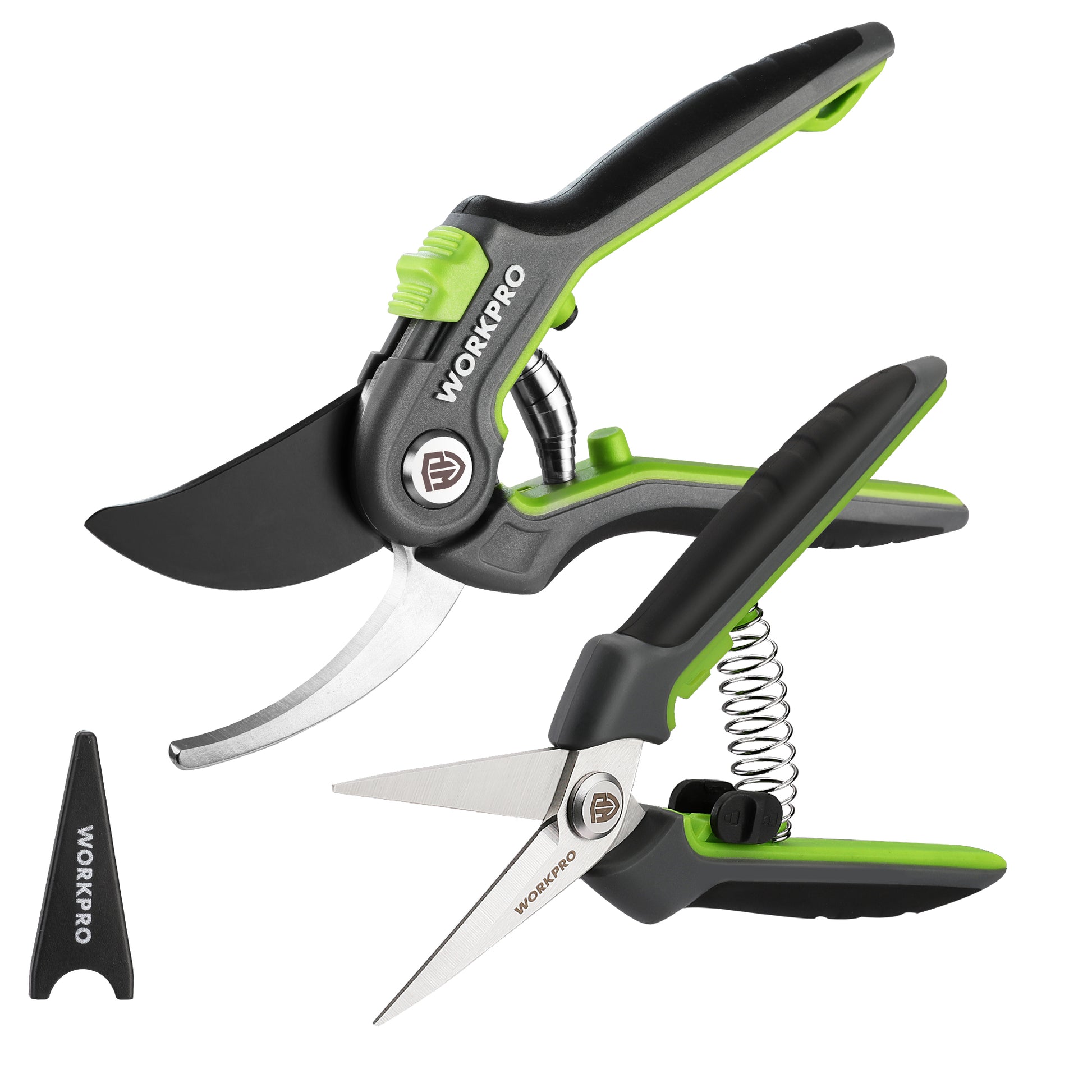Garden pruning shears set: black and green bypass pruner and straight scissors