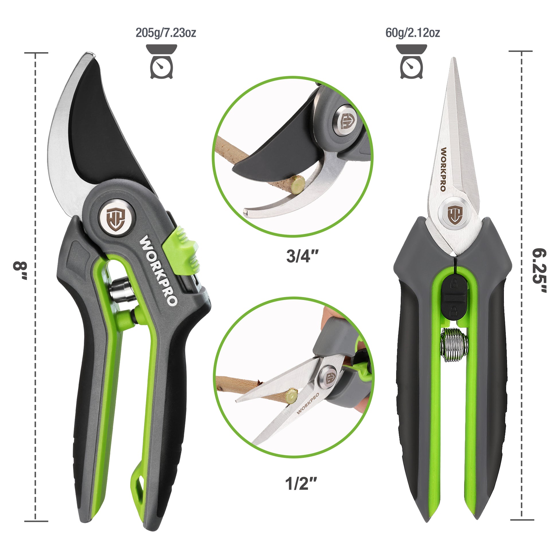 Bypass pruning shears and straight garden scissors, black with green accents, size shown
