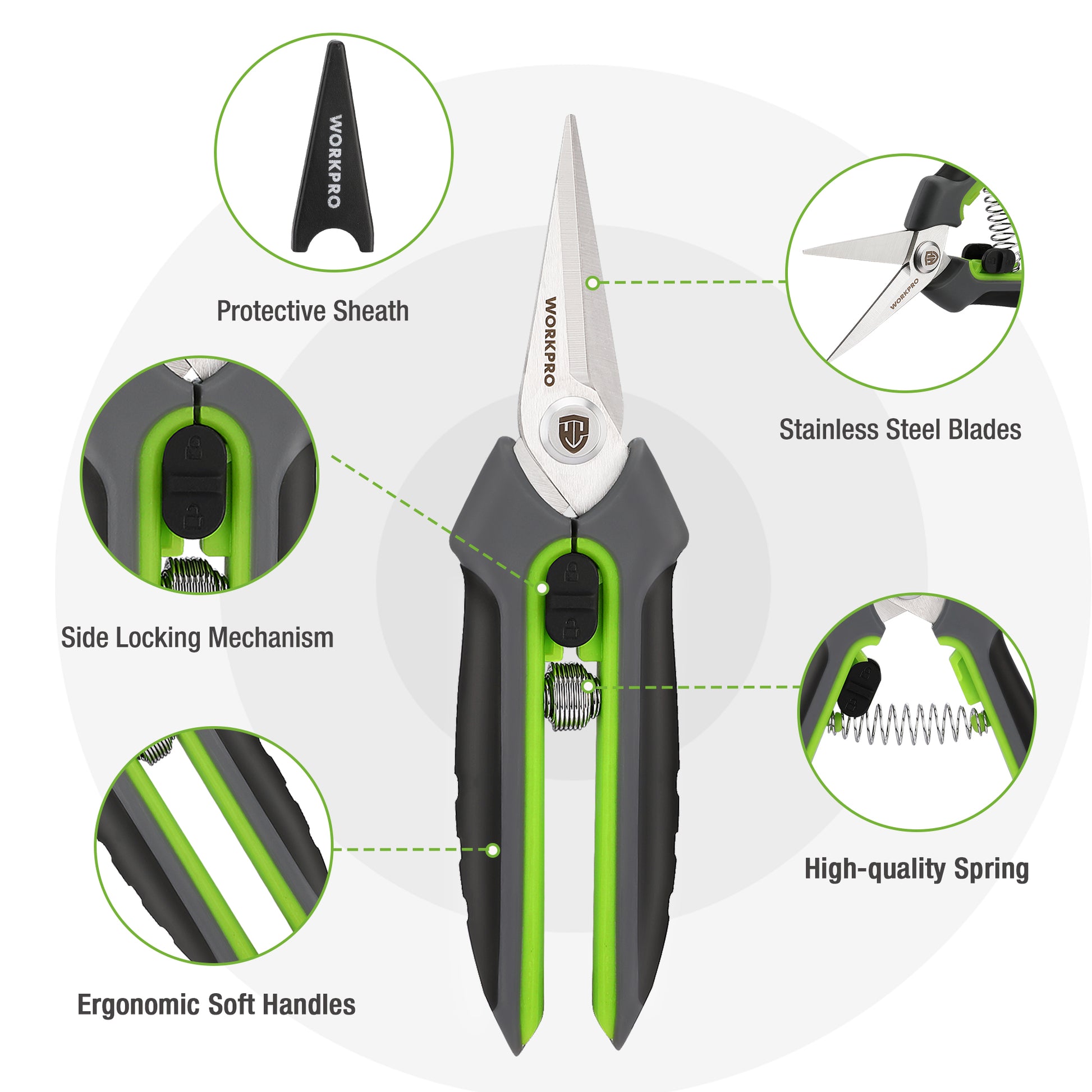 Garden pruning shears with protective sheath and ergonomic non-slip handles, black and green
