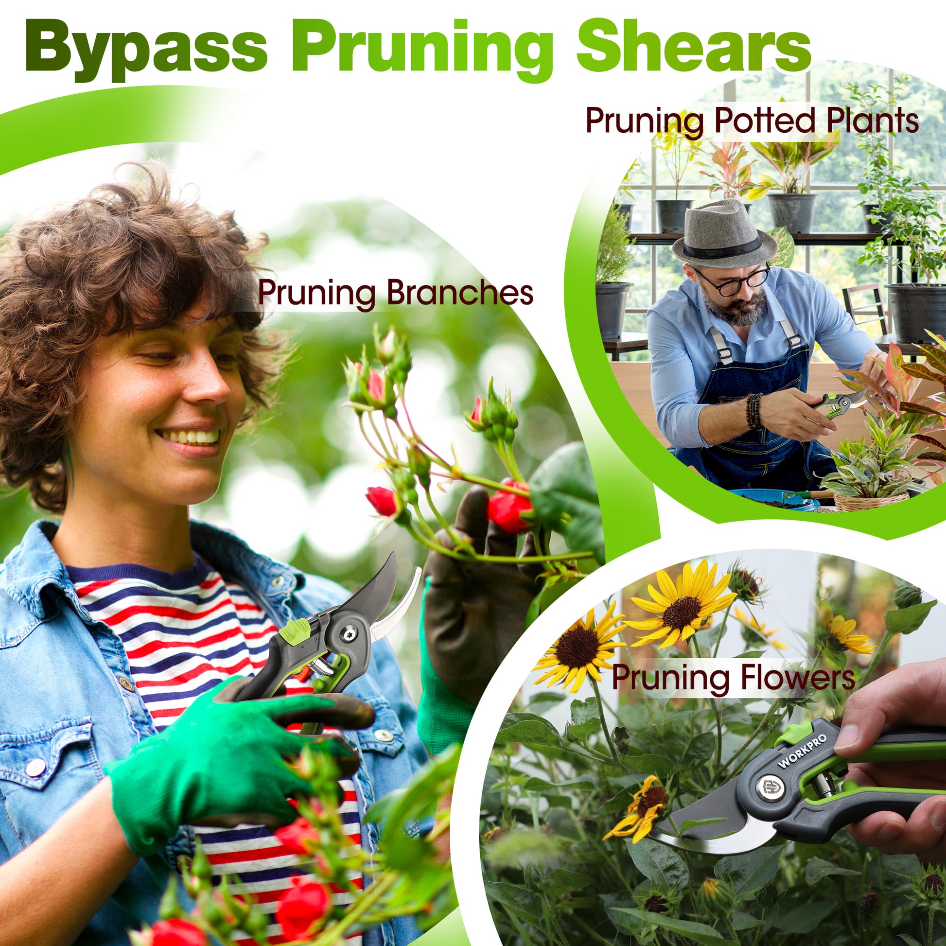 Green-and-black bypass pruning shears held to cut plant branches