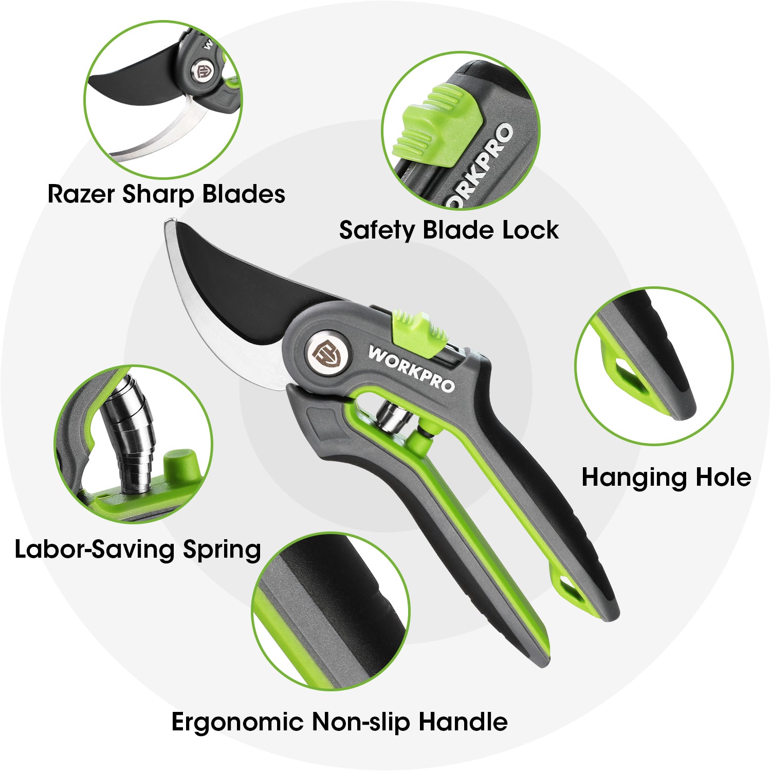 Black-and-green pruning shears with safety blade lock and hanging hole