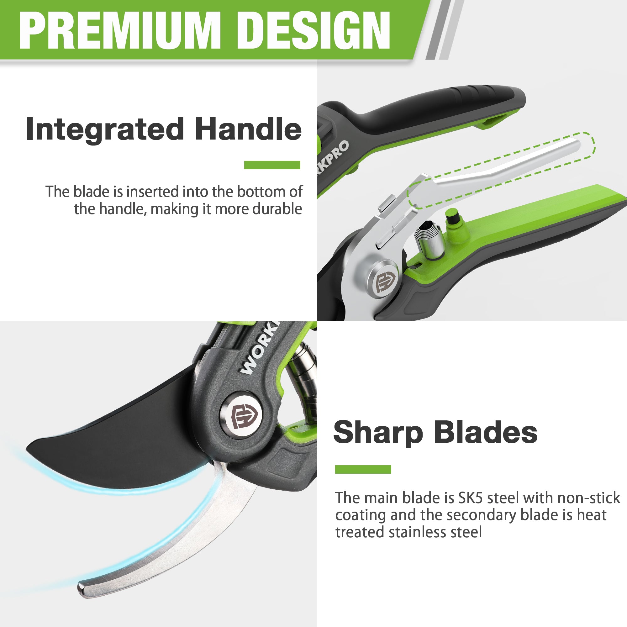 Bypass pruning shears with integrated handle and sharp blades, black and green