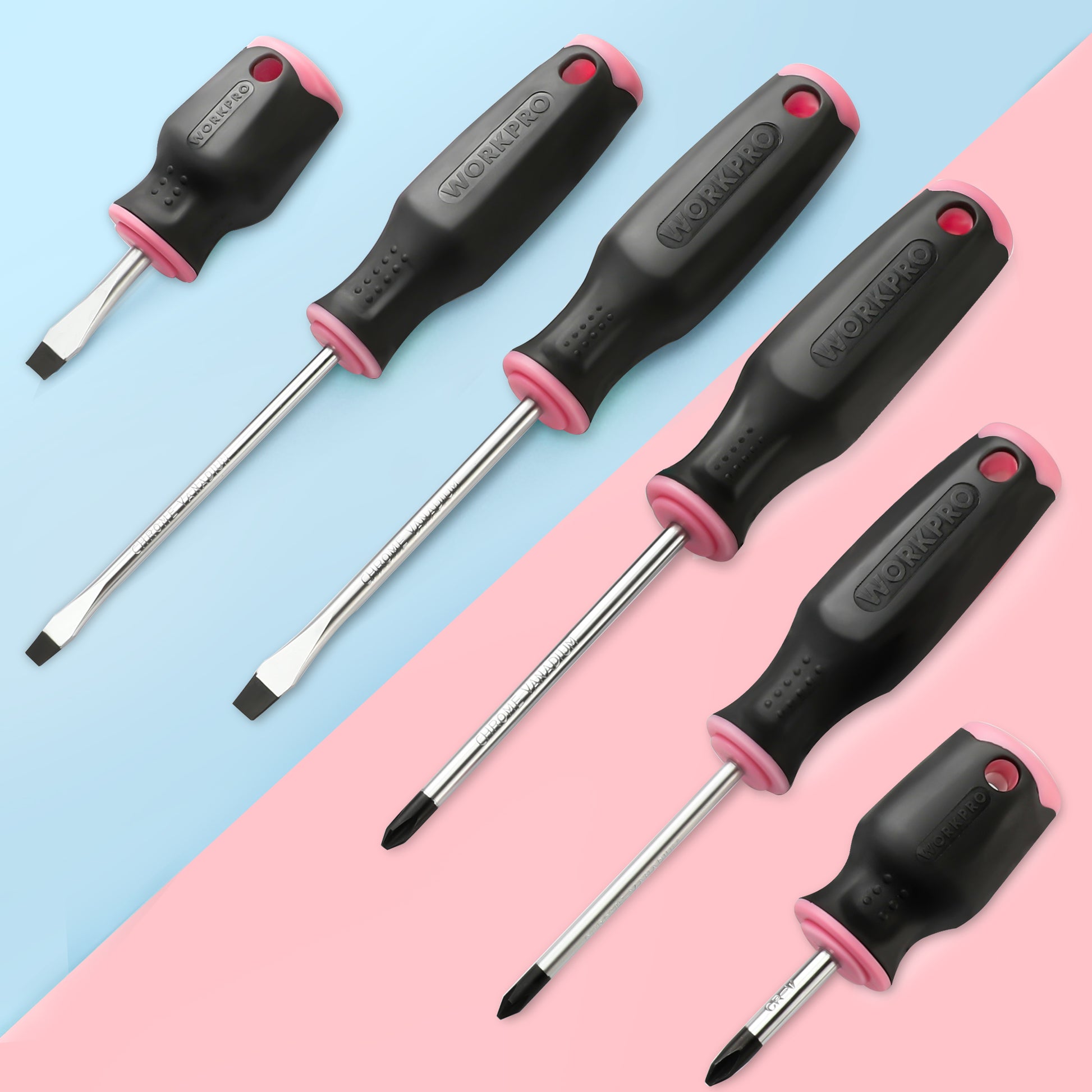 Six WORKPRO magnetic screwdrivers with black-and-pink non-slip handles and metal shafts