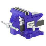 Blue WORKPRO bench vise with steel screw and fixed anvil jaw plates