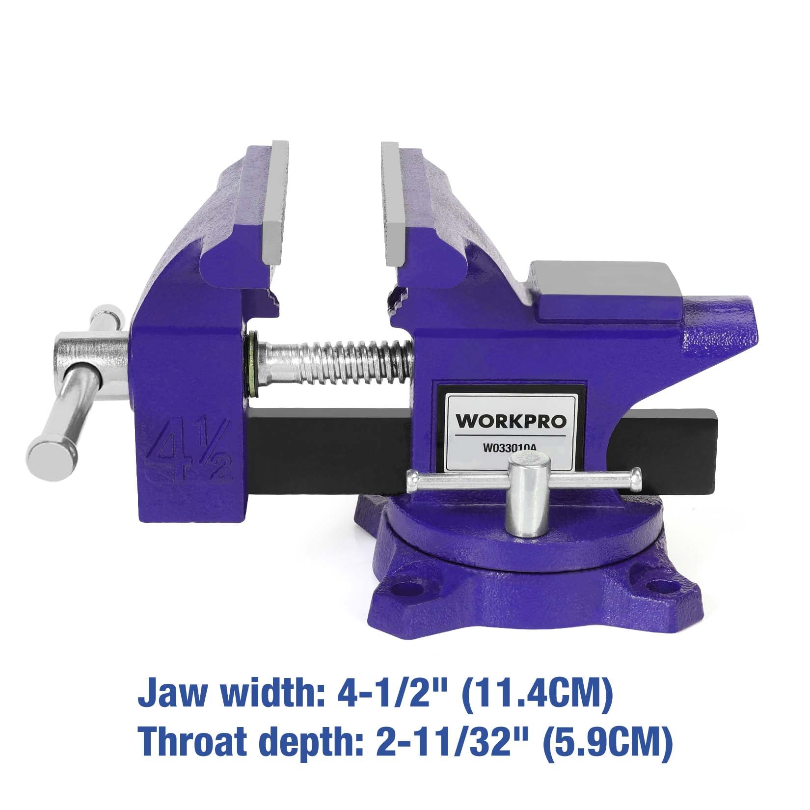 Blue bench vise with threaded screw, fixed jaws, and swivel base