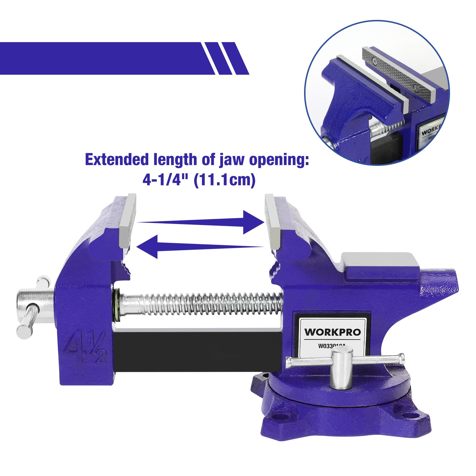 Blue bench vise showing jaw opening with textured pads and threaded screw