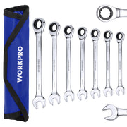 Ratcheting combination wrench set with blue storage pouch and chrome wrenches
