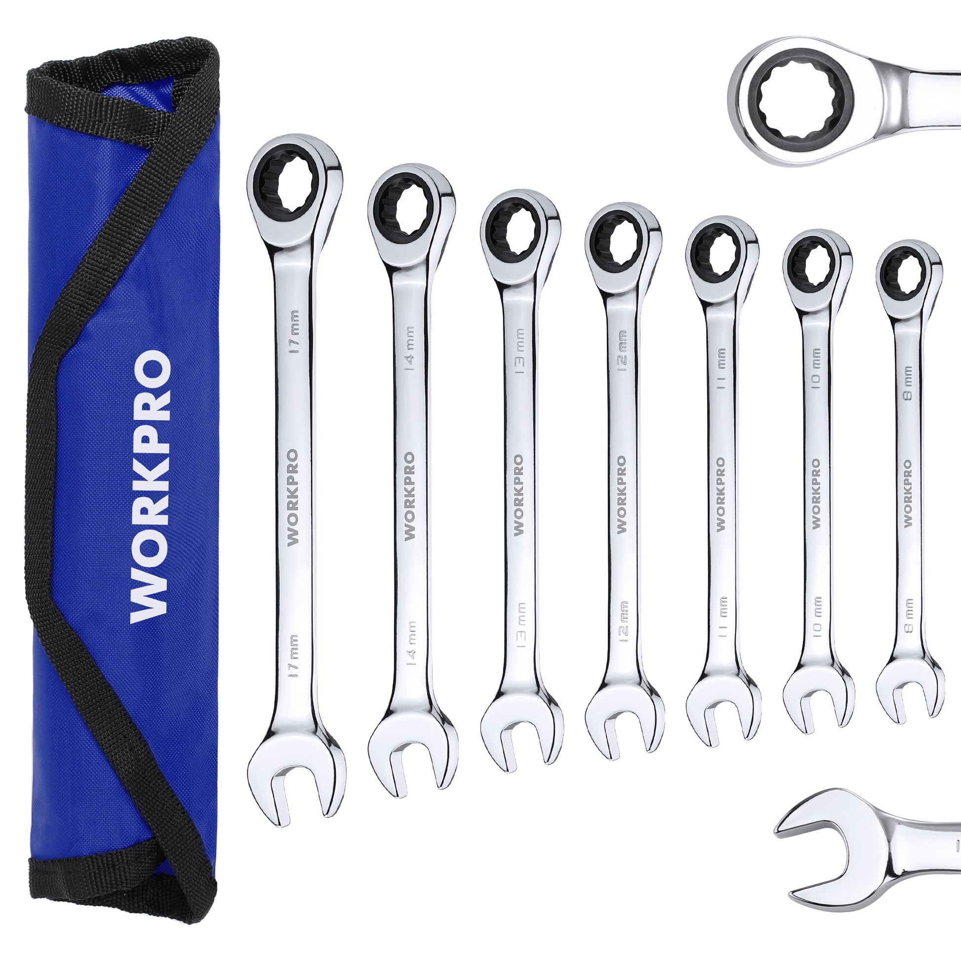 Ratcheting combination wrench set with blue storage pouch and chrome wrenches