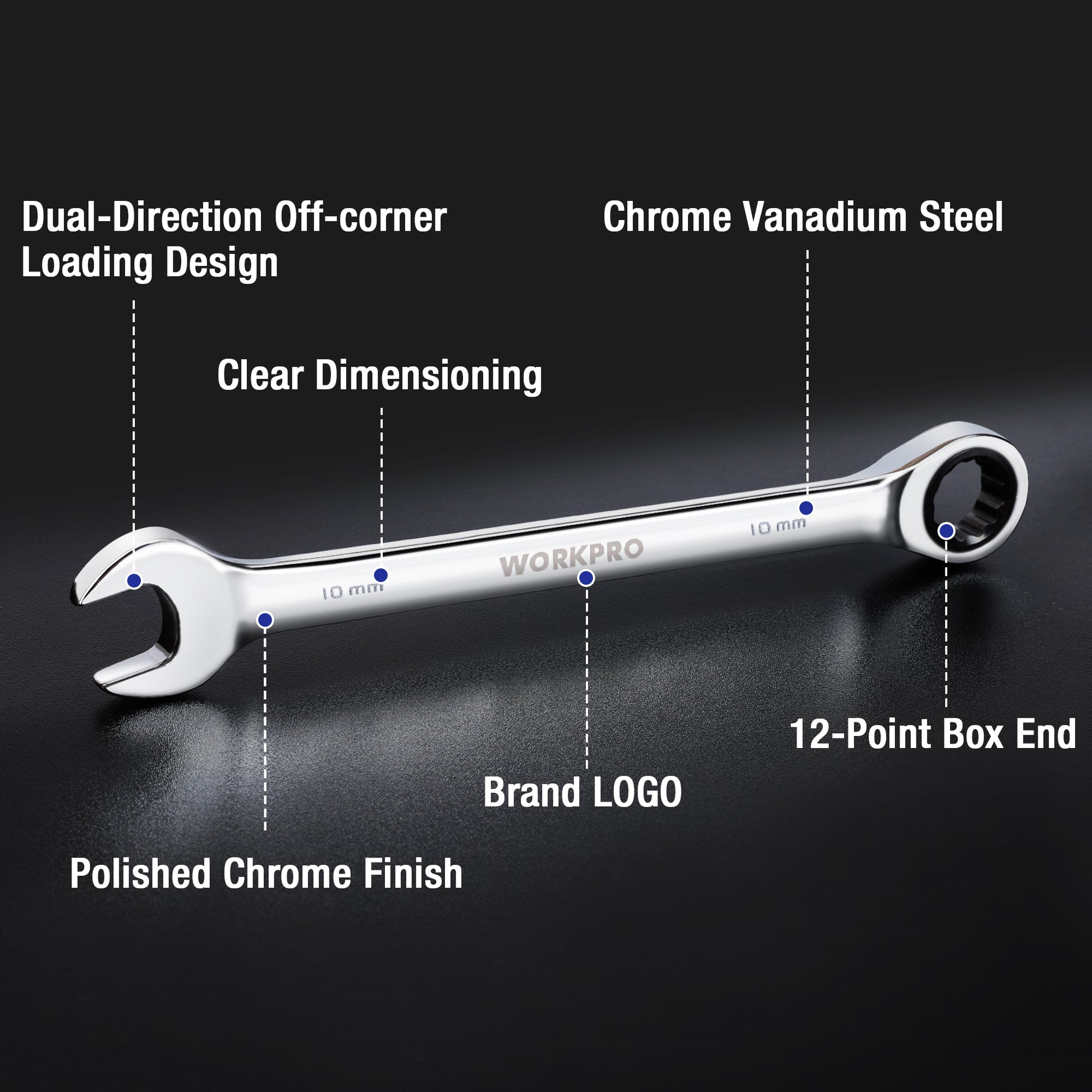 Chrome ratcheting combination wrench with 12-point box end and off-corner jaw