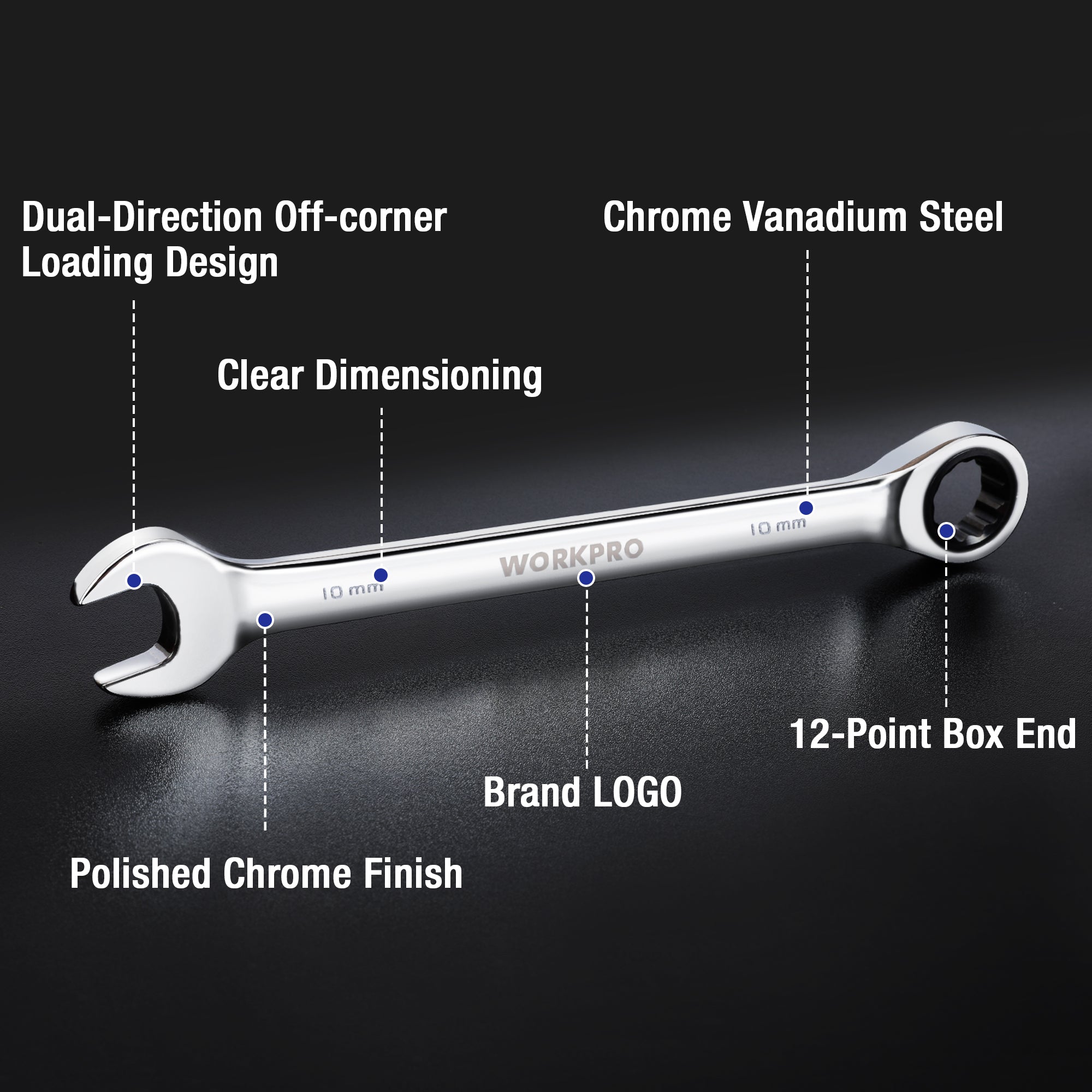 Chrome ratcheting combination wrench with 12-point box end and off-corner jaw