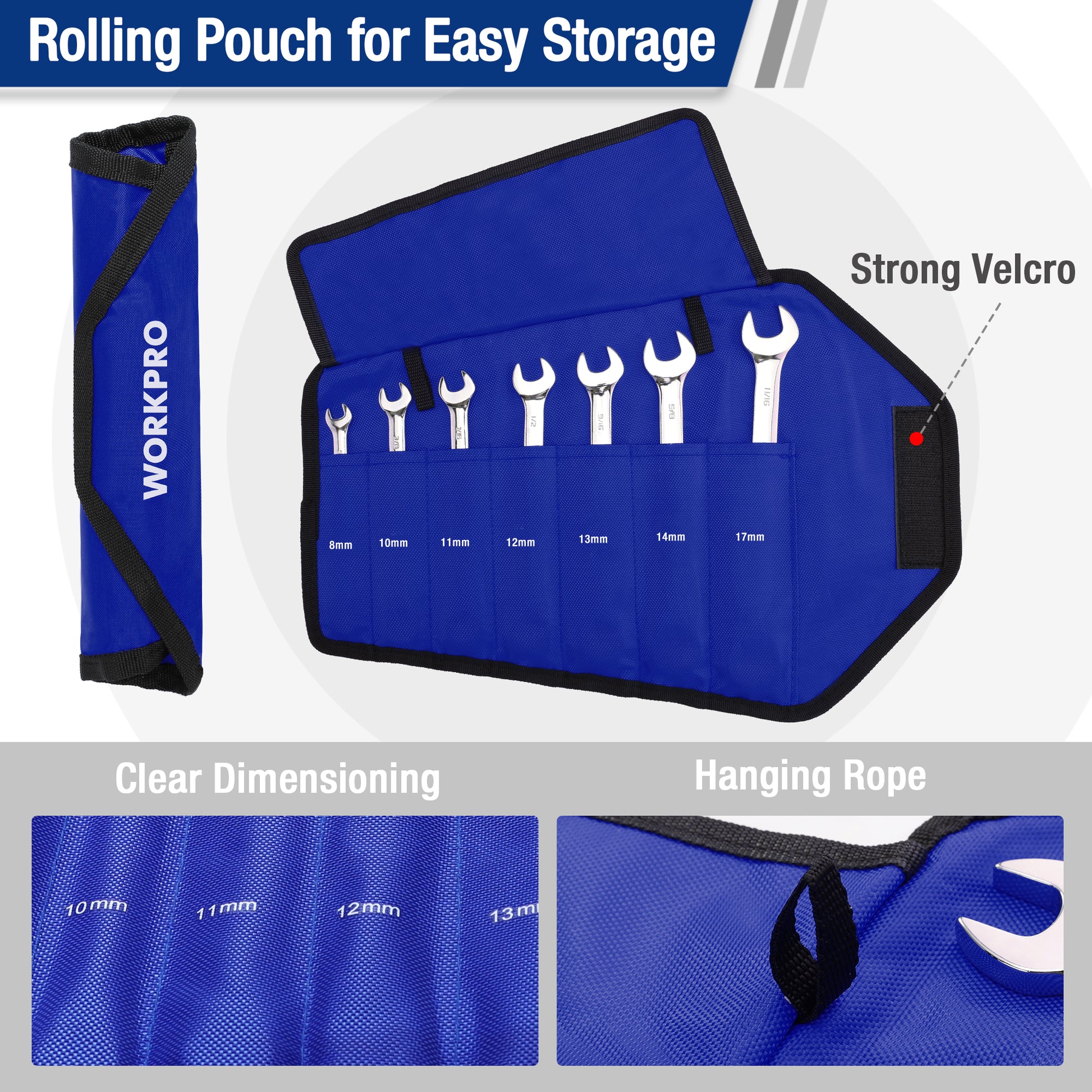 Ratcheting wrench set with rolled blue pouch featuring labeled slots for storage