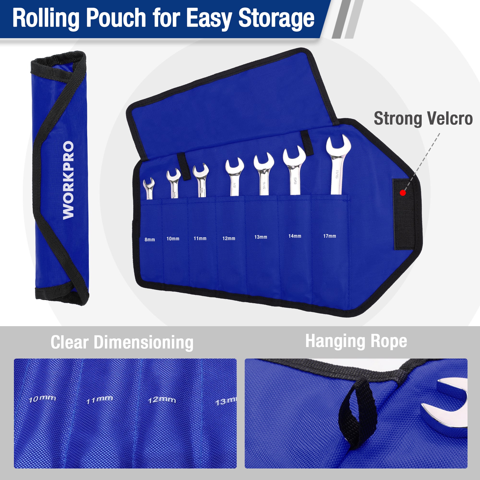Ratcheting wrench set with rolled blue pouch featuring labeled slots for storage