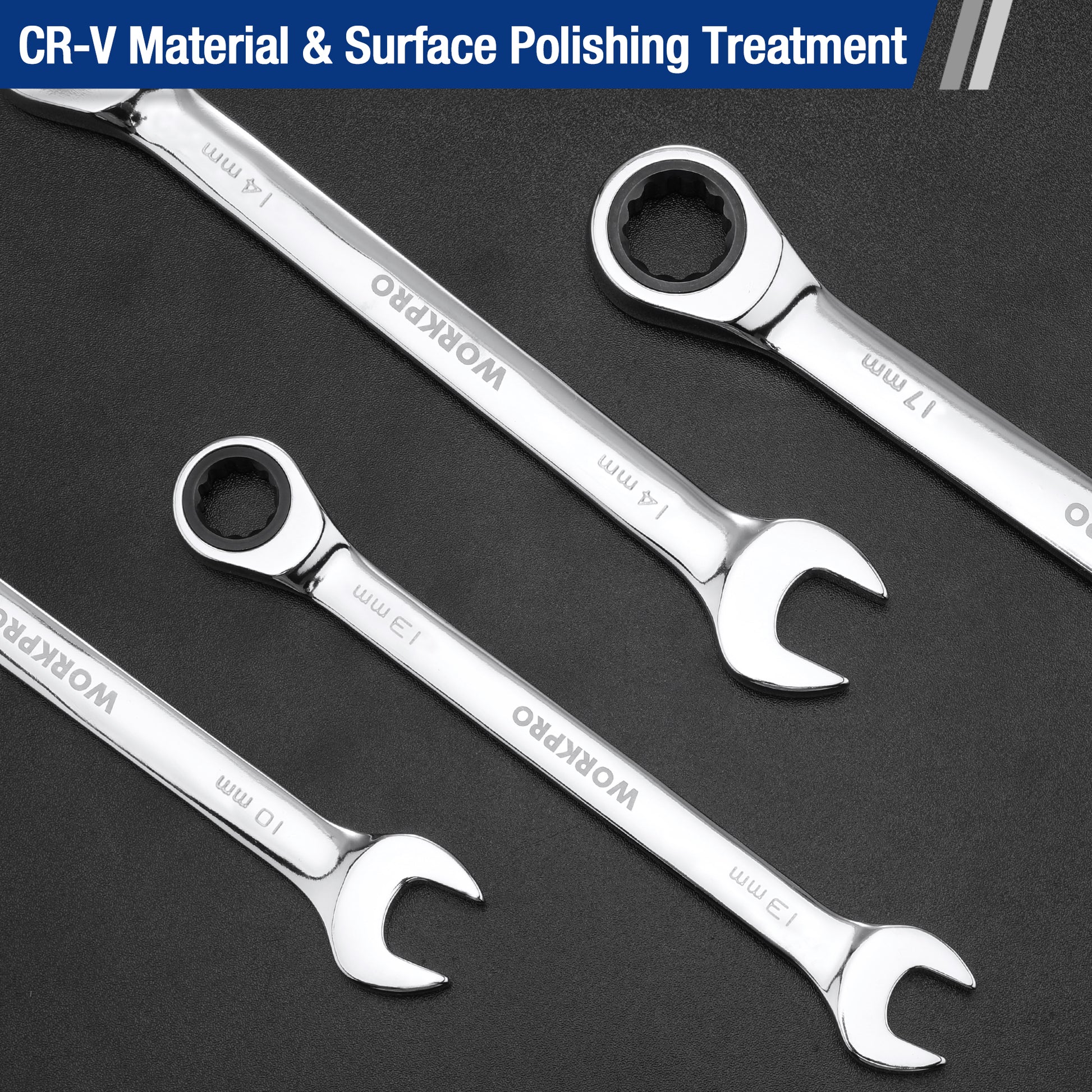 Chrome vanadium steel ratcheting combination wrenches with CR-V marking