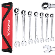 Ratcheting combination wrench set with red storage pouch and chrome wrenches