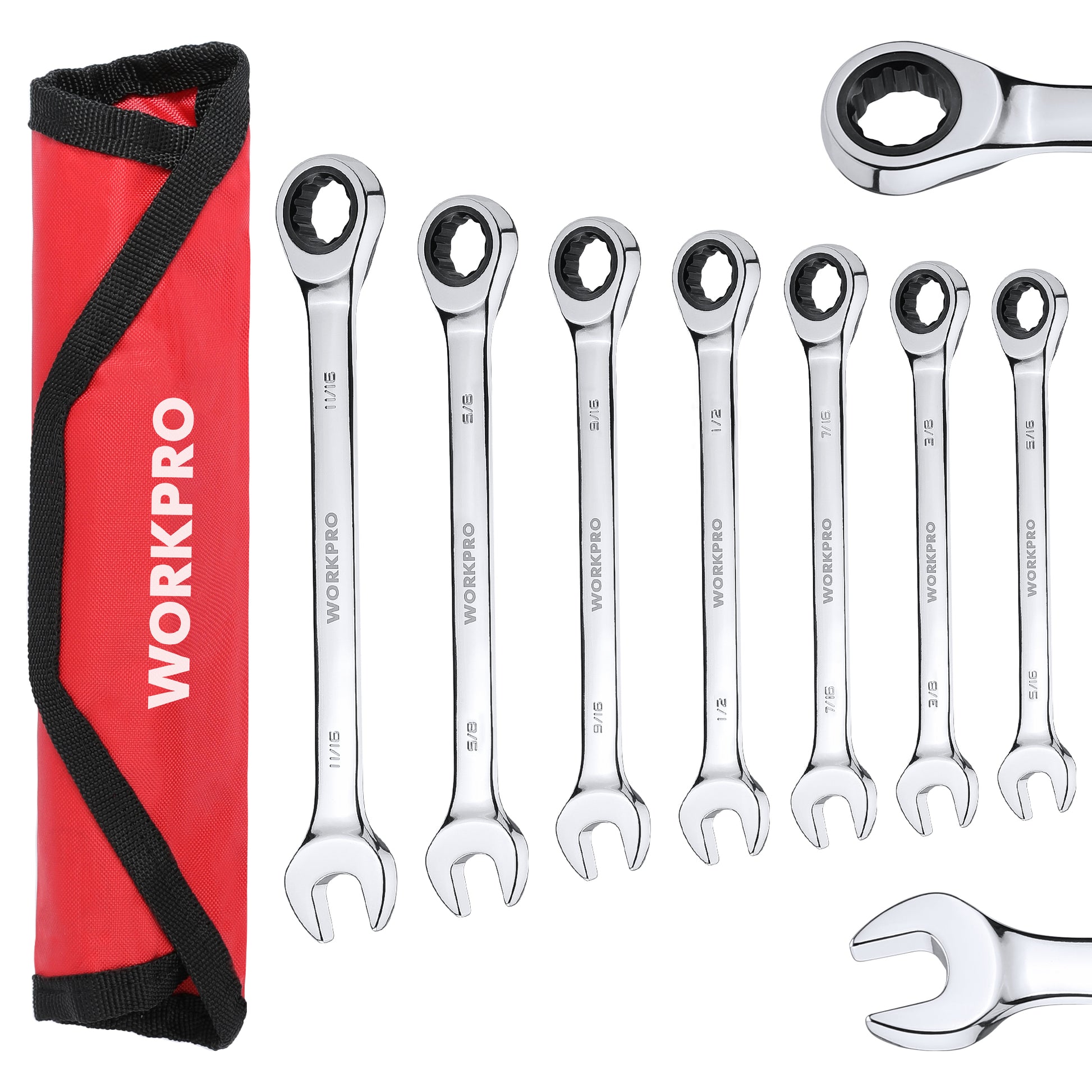 Ratcheting combination wrench set with red storage pouch and chrome wrenches
