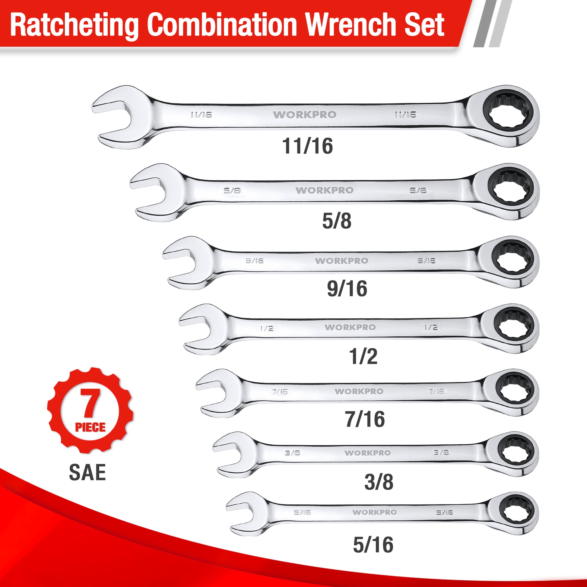 SAE ratcheting combination wrench set showing 11/16 to 3/8 wrenches