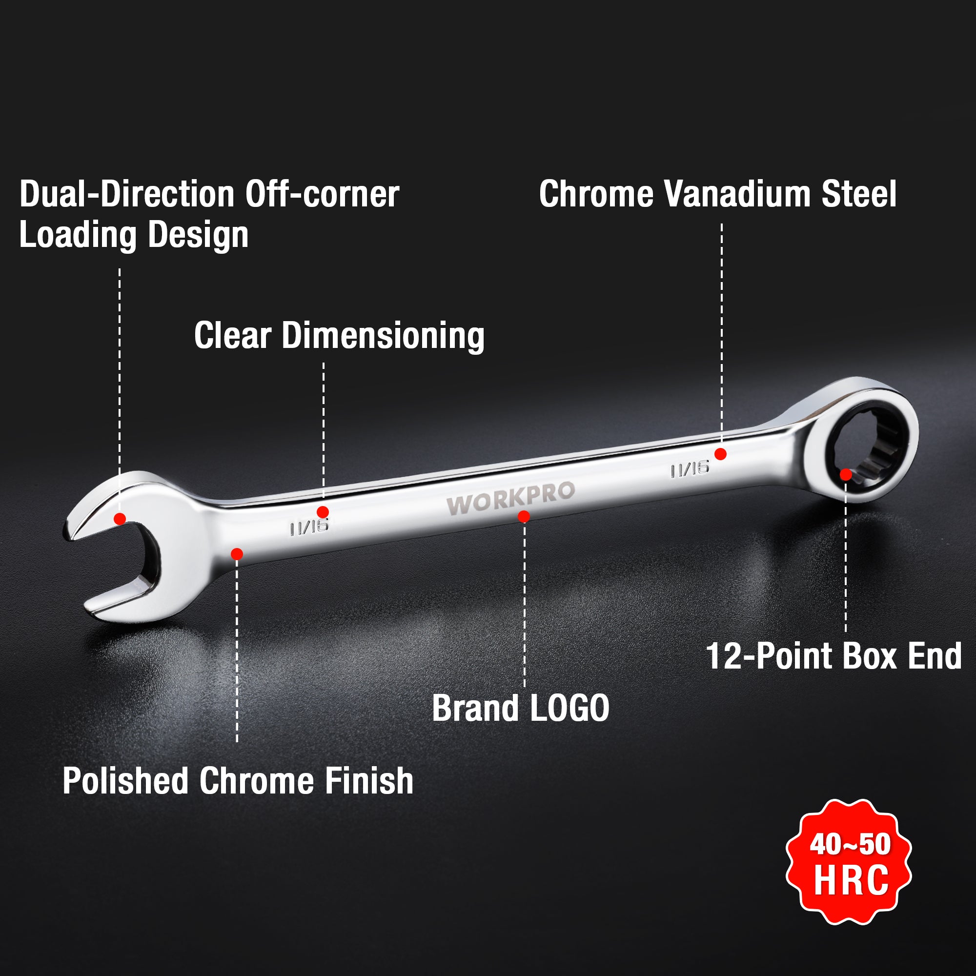 Chrome ratcheting combination wrench with 12-point box end and dual-direction design