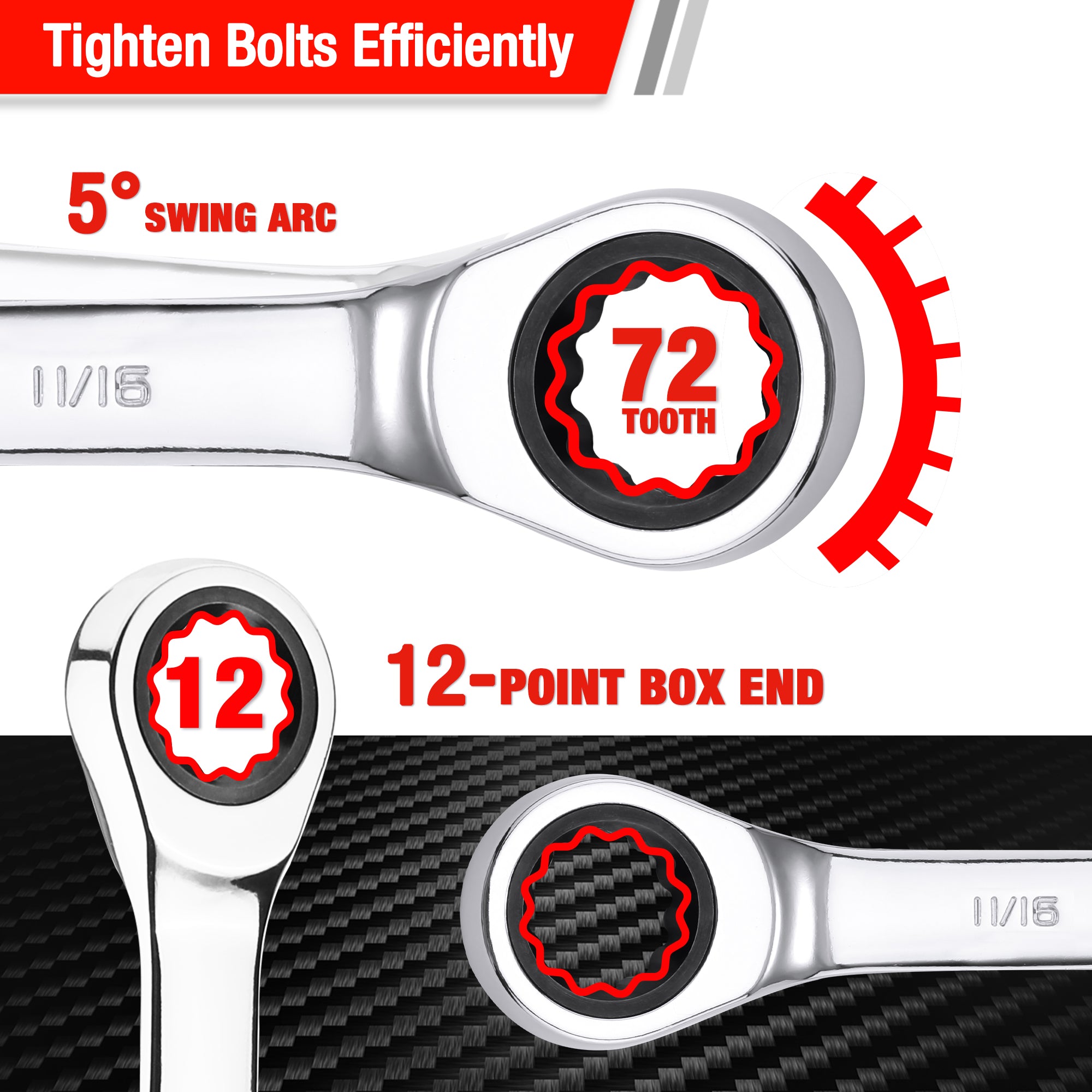 Ratcheting combination wrench head showing 72-tooth ratchet and 12-point box end