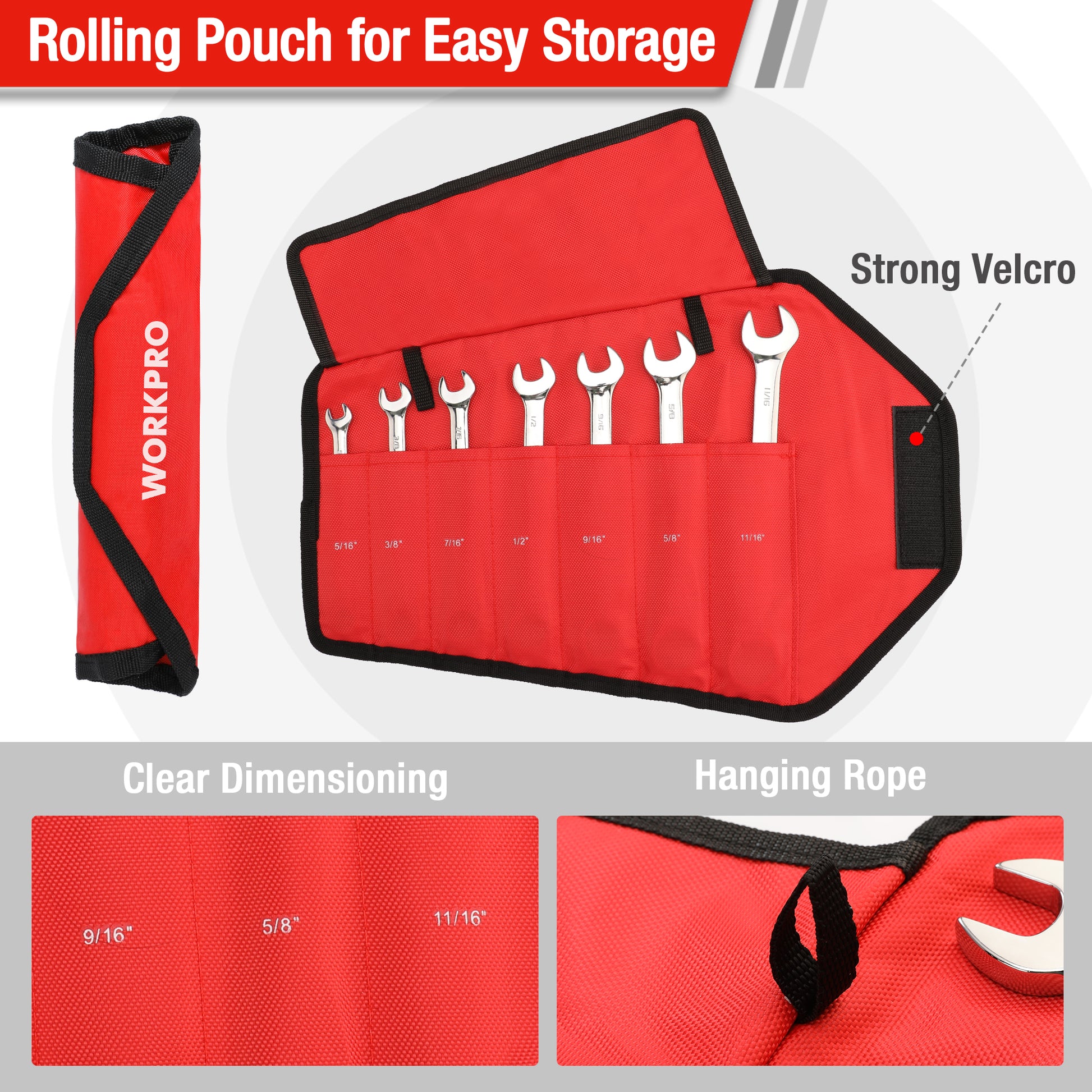 Red rolling pouch with multiple ratcheting combination wrenches, clear storage view