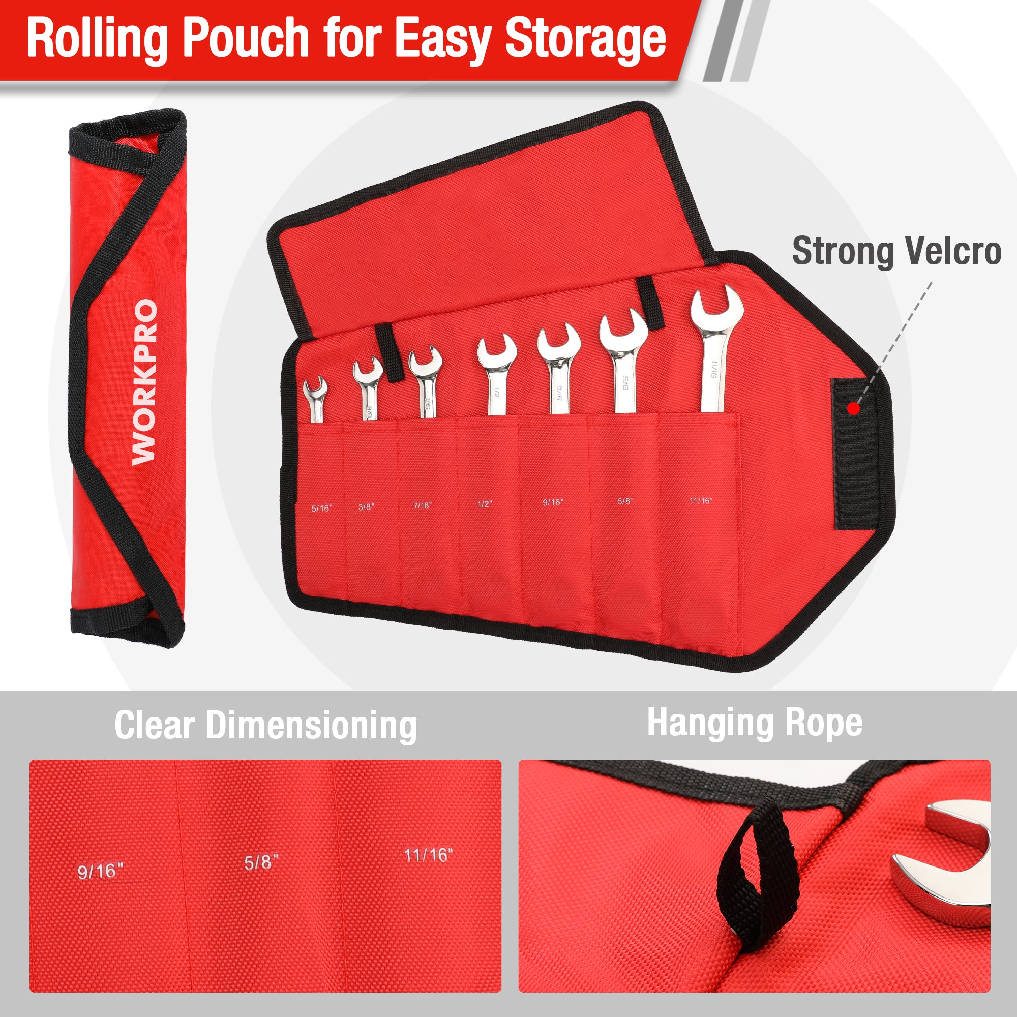 Red rolling pouch with multiple ratcheting combination wrenches, clear storage view