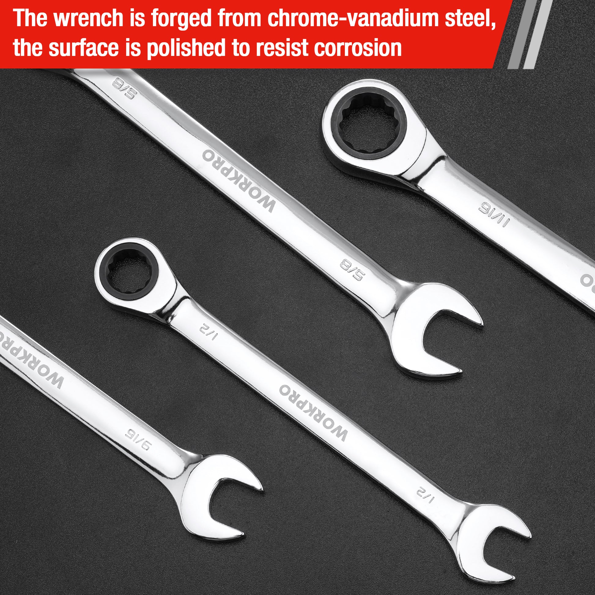 Chrome ratcheting combination wrenches with open ends and ring drives, close-up