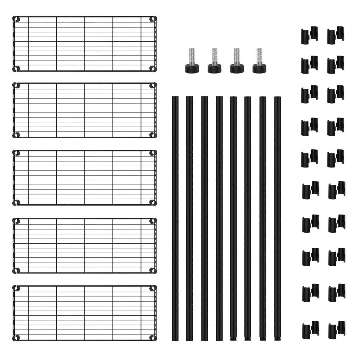Black wire shelving rack parts set with shelf panels, support rods, and connectors