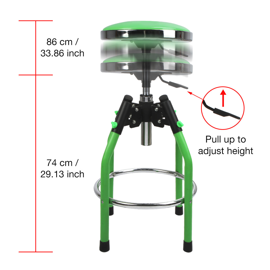 Green and black adjustable shop stool with pull handle and height measurement