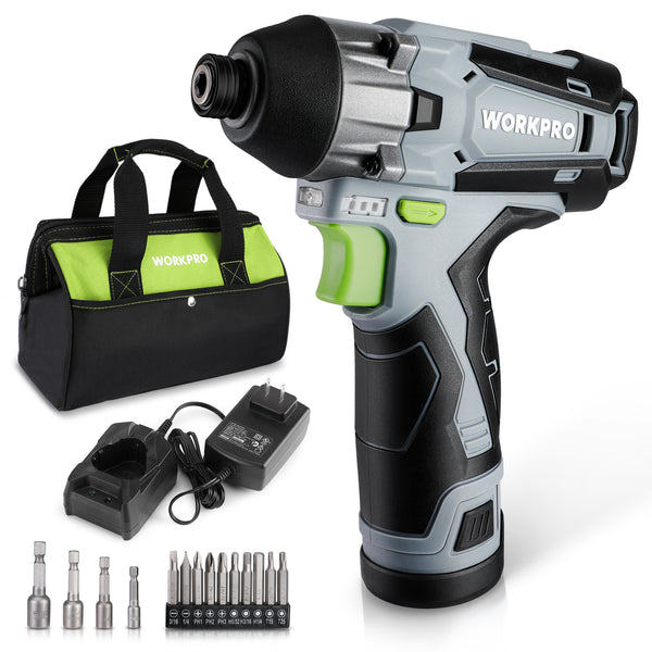 WORKPRO 12V Cordless Impact Driver Kit, 1/4” Hex Electric Impact Drill/Driver Set with 2.0Ah Lithium-ion Battery