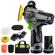 Cordless polisher kit with tool, yellow pad, wool and foam pads, batteries, charger, and carrying bag