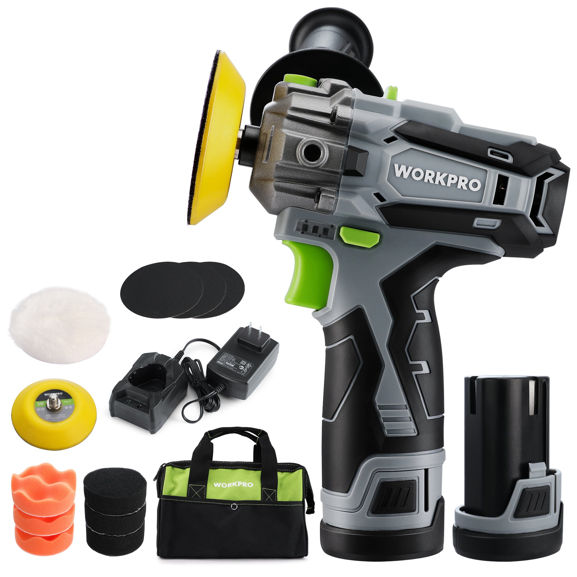 Cordless polisher kit with tool, yellow pad, wool and foam pads, batteries, charger, and carrying bag