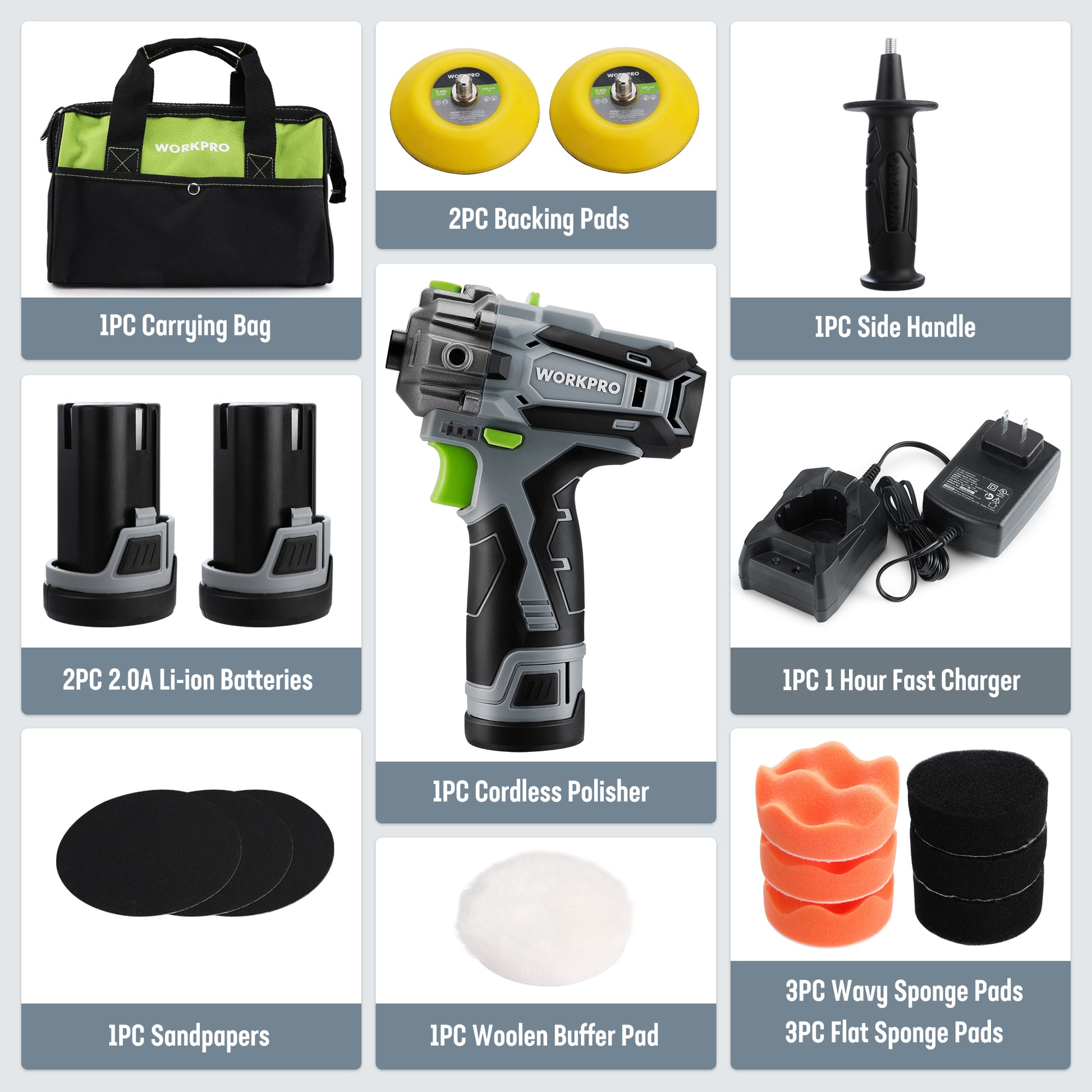 Cordless 12V car polisher kit with side handle, charger, 2 batteries, pads, and carrying bag