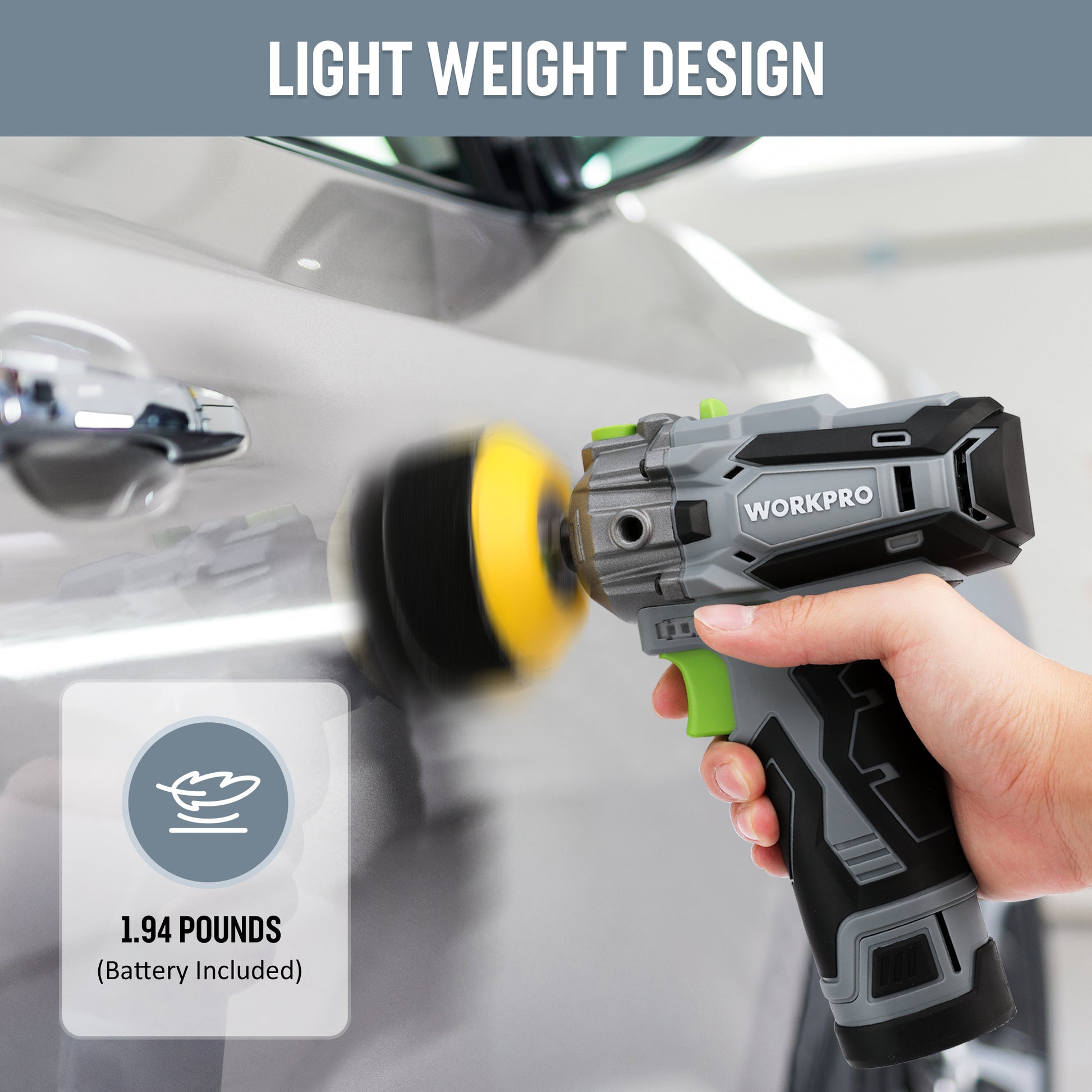 Handheld cordless polisher with yellow backing pad and green grip, held near a car surface