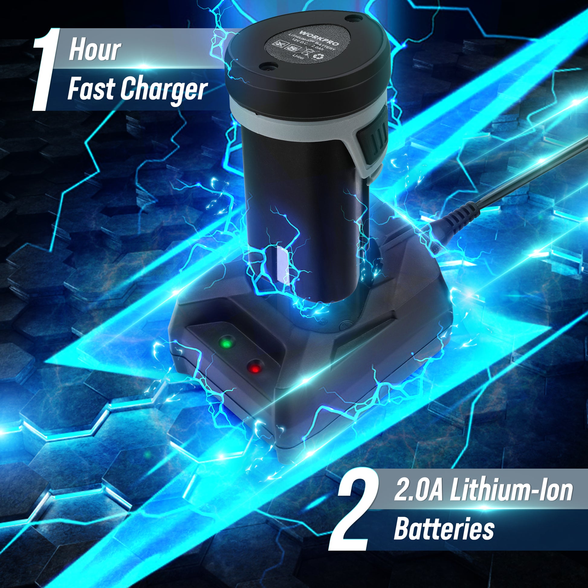 Black 12V lithium-ion fast charger with circular top and green status indicator light