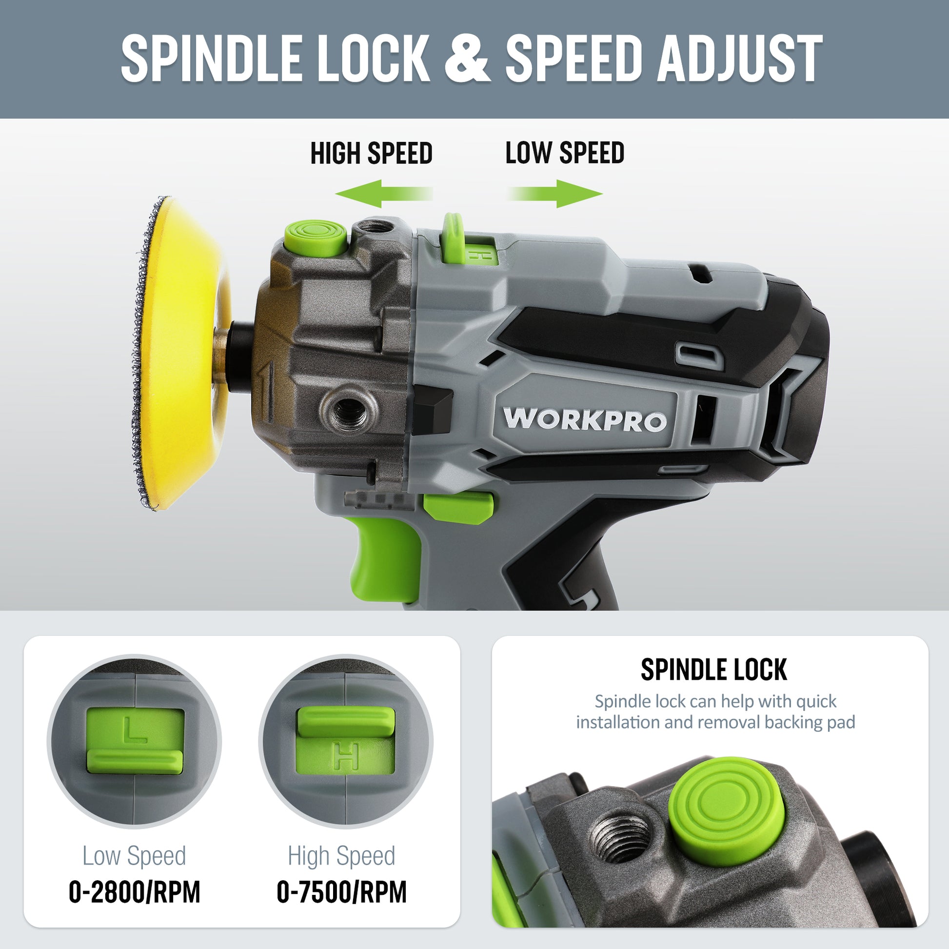 Cordless polisher tool with yellow pad, spindle lock controls, and adjustable speed switch