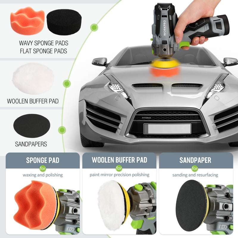 WorkPro 12V Cordless Polisher, 3 Mini Car Detailing Buffer & Sander Machine Kit with 2 Li-Ion Batteries, Variable Speed Trigger for Auto/DIY