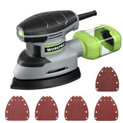 Compact electric detail sander with green dust canister and black base