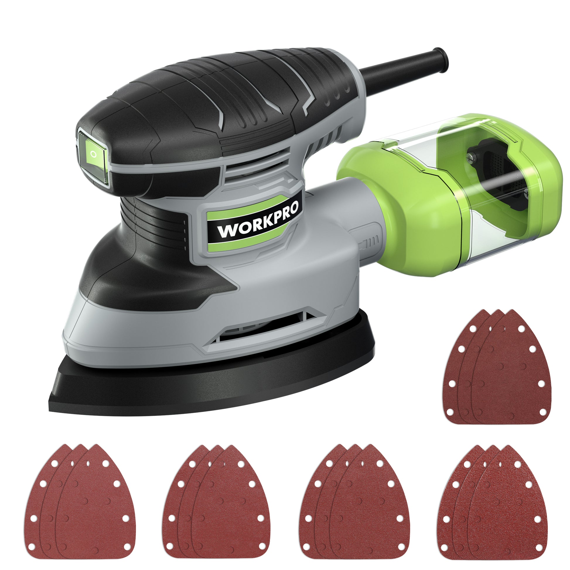 Compact electric detail sander with green dust canister and black base
