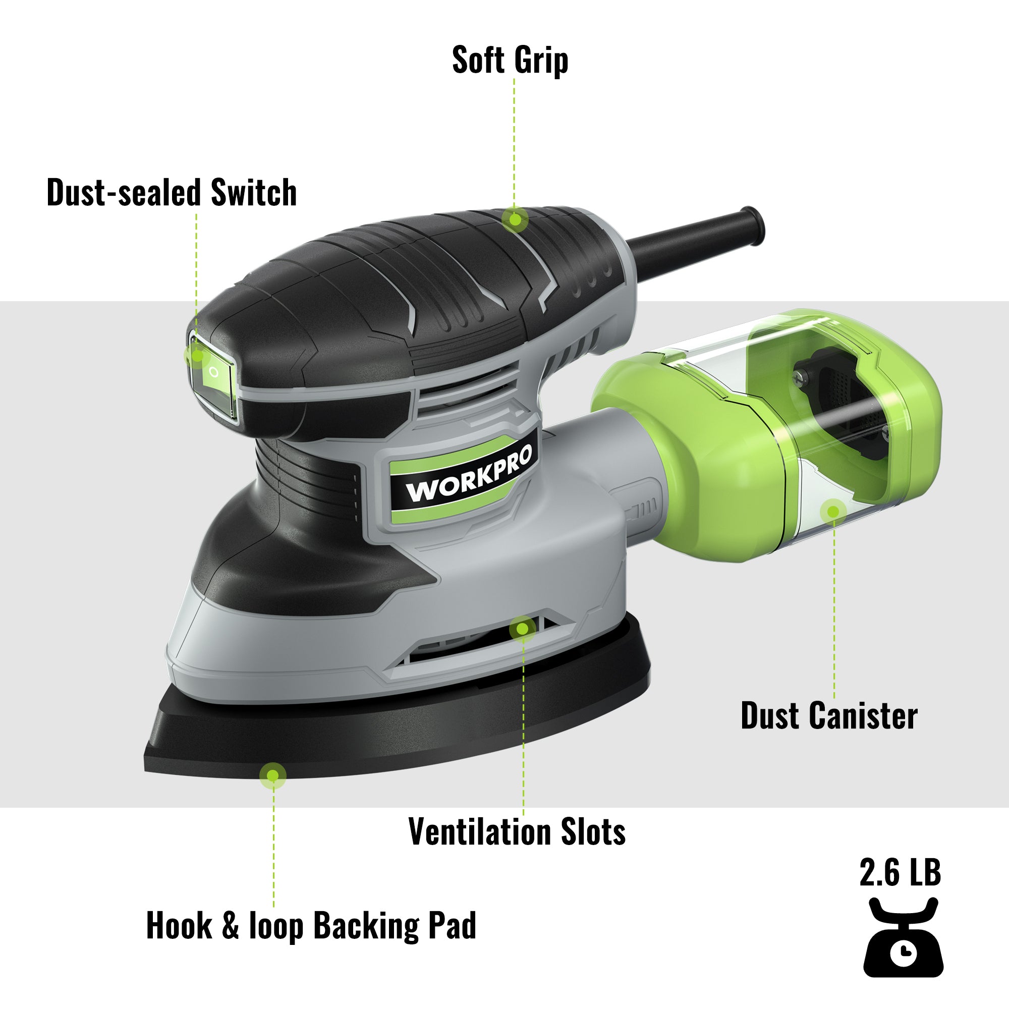Compact electric detail sander showing dust canister and ventilation slots