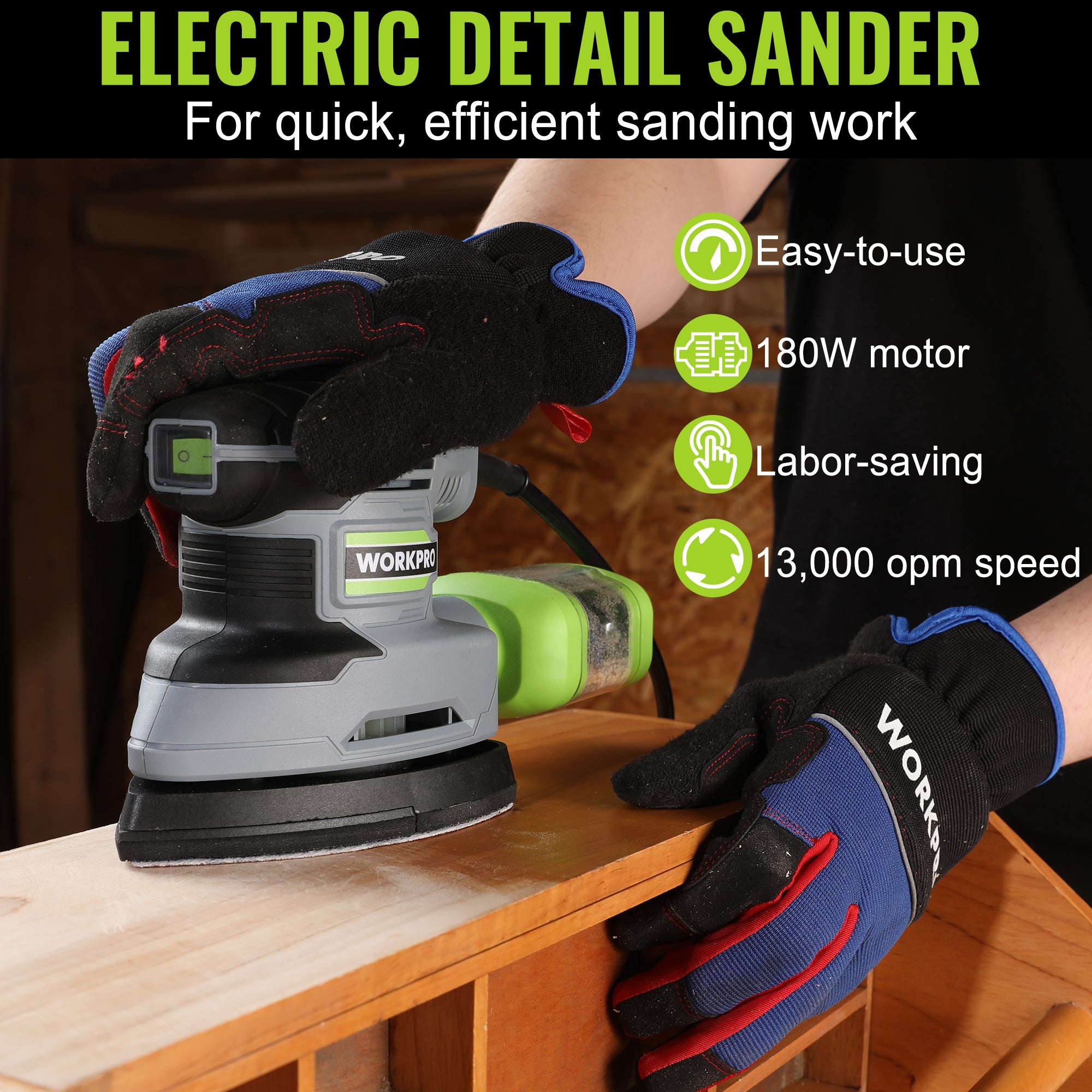 WORKPRO 1.6 Amp Detail Sander, 13000 OPM Compact Electric Sander