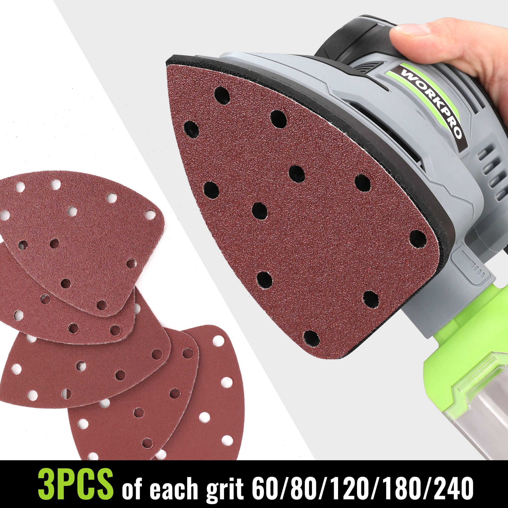 Triangular sanding pads with predrilled holes and red-brown abrasive surface