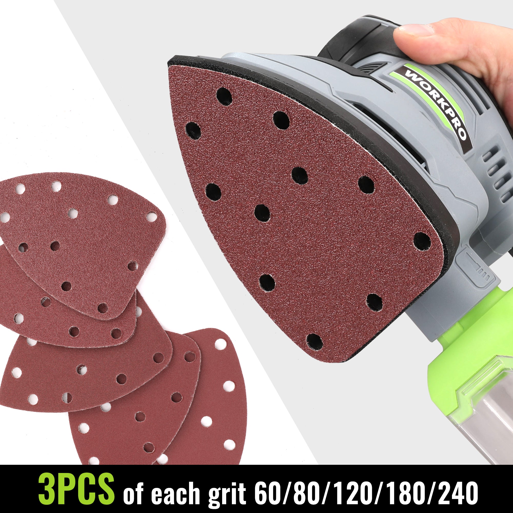 Triangular sanding pads with predrilled holes and red-brown abrasive surface