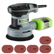 Electric random orbit sander with green dust canister and black sanding base