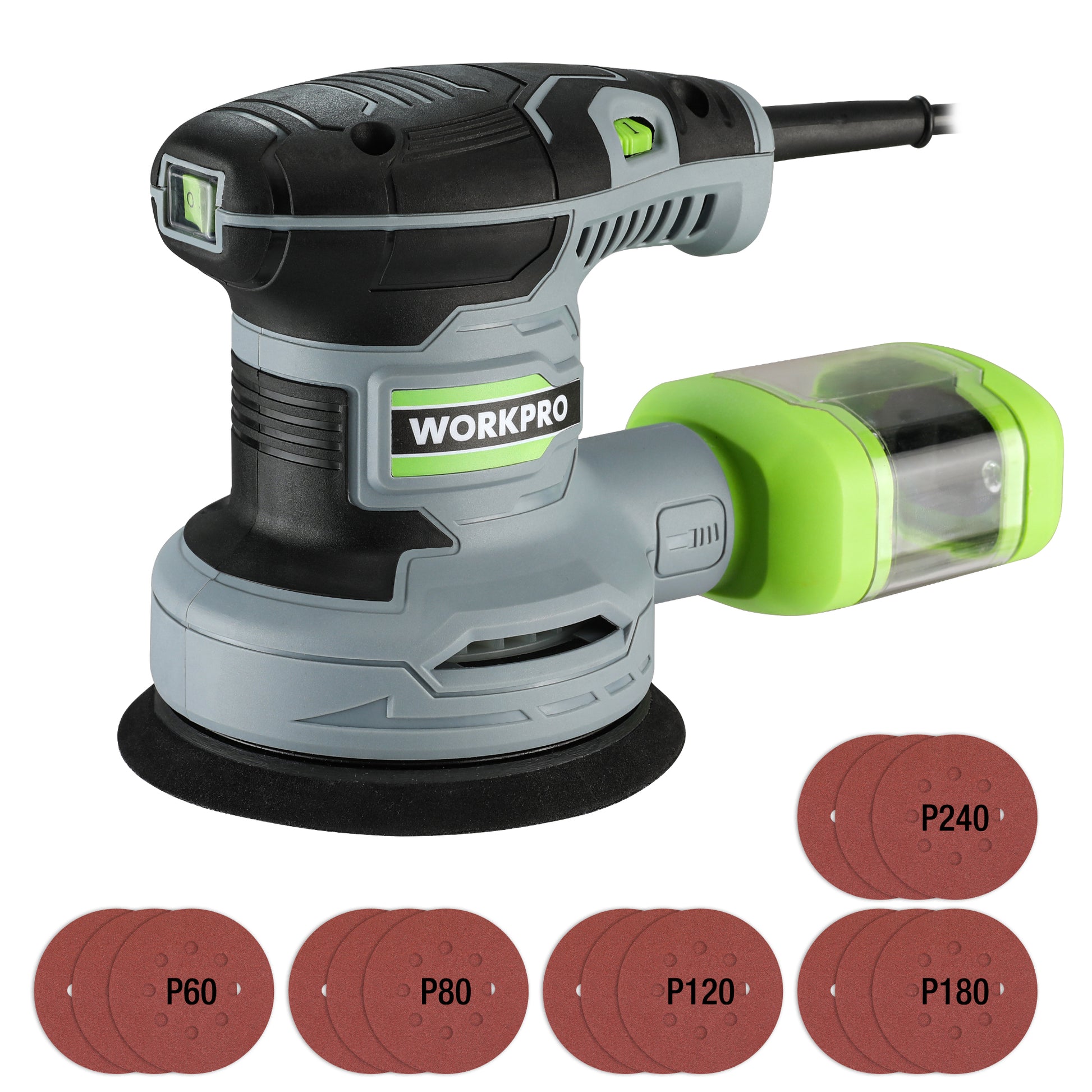 Electric random orbit sander with green dust canister and black sanding base