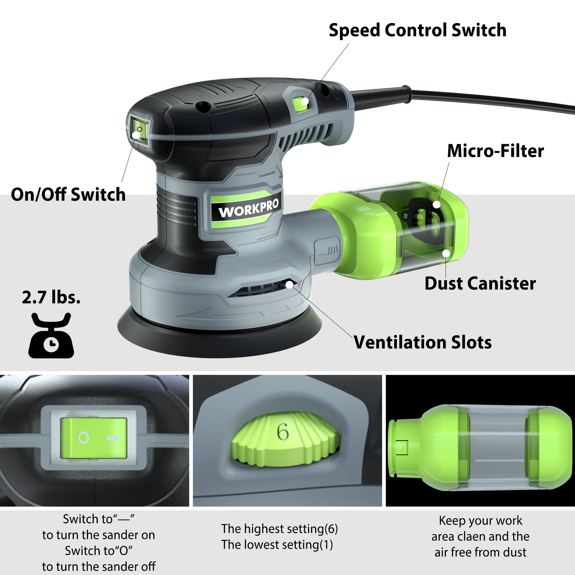 Random orbit sander close-up with green dust canister, switches, and ventilation slots